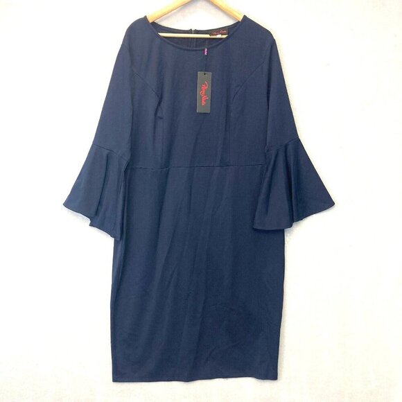 NWT Hanna Nicole Bell Sleeve Midi Dress Womens 22W Navy Blue Office Formal NEW - Picture 1 of 13